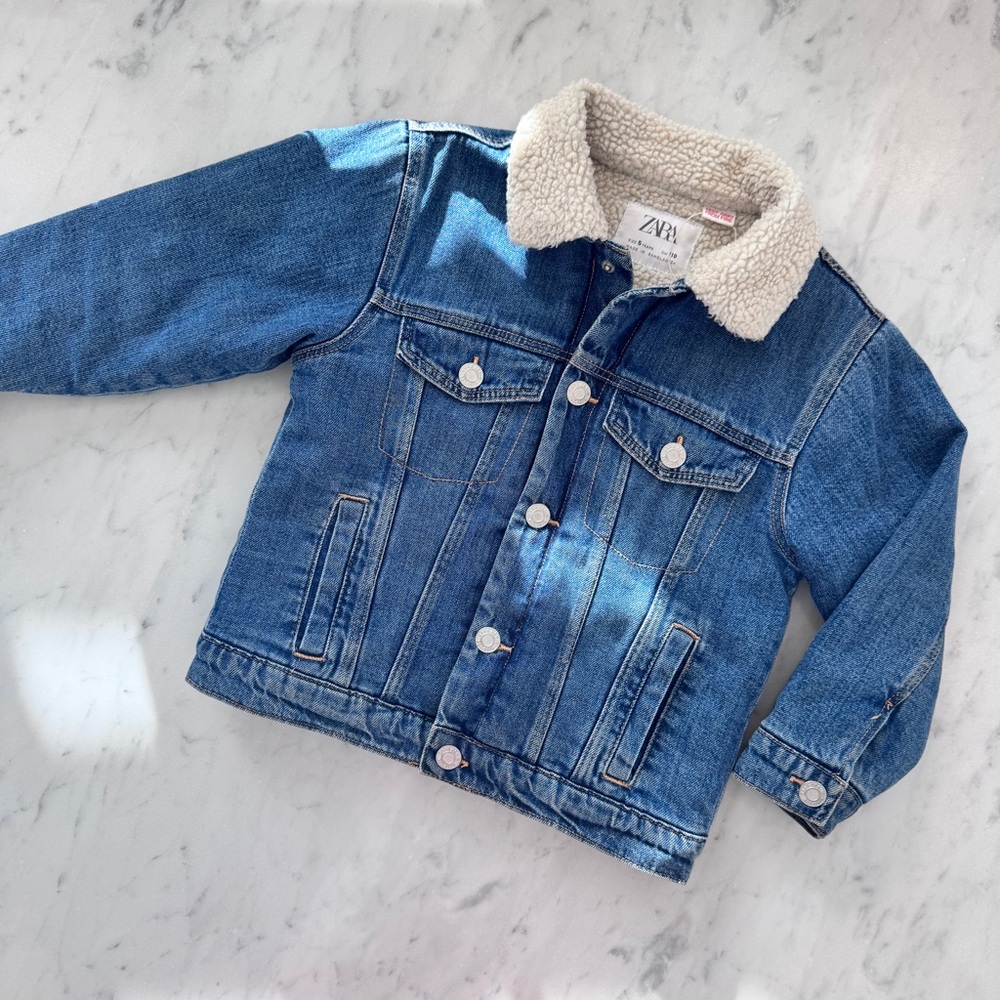 Zara Boys Teddy Lined Blue Jean Denim Jacket Casual Snap Button Warm Sherpa